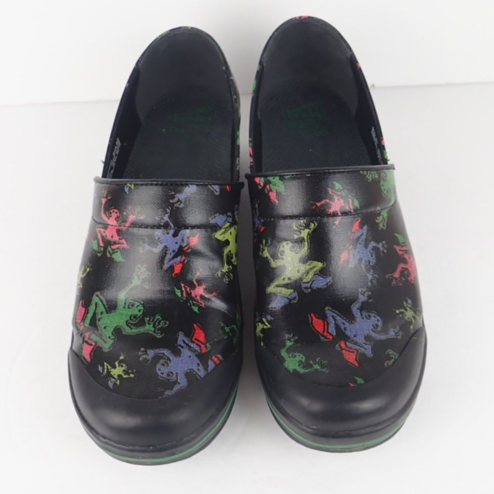 Dansko Womens Vegan Black Frog Print Clogs Nursing Shoes Sz 42 US 11.5/12